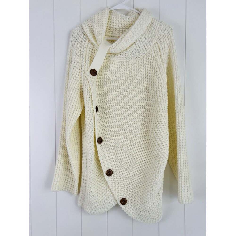 Indigo Soul Cream Waffle Knit Cowl Neck Asymmetric Buttoned Tunic Sweater Large